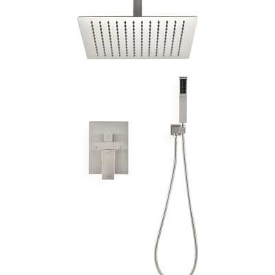 Ceiling Mounted Shower In Brushed Nickel Style. 10" Head & Handheld . Simulates Natural Rainfall. Self-Cleaning Nozzle. Bathroom. Brass Made Gear Handheld. Rainfall . Bathroom .