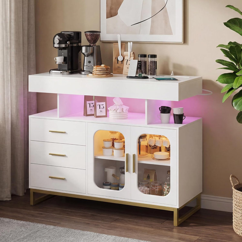 Modern Sideboard Buffet Cabinet with Auto-Sensor RGB LED Lights & Built-in Charging Station, Coffee Bar Table with Storage, 3 Drawers & 2 Doors for Dining Room, Kitchen, Living Room