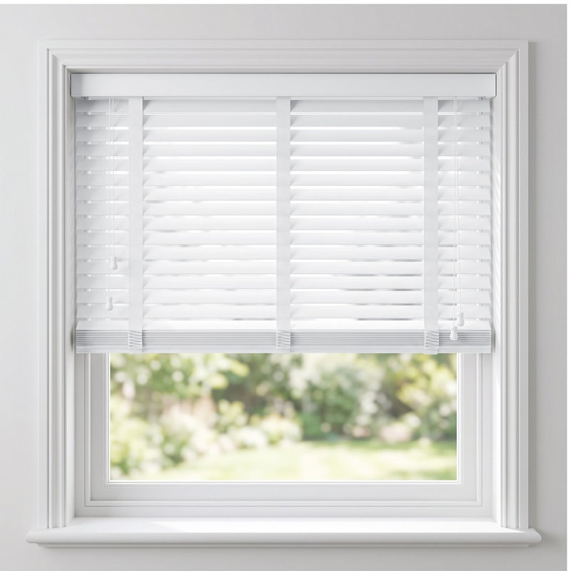 Faux Wood Venetian Blinds with Fabric Tape, Moisture-Resistant Horizontal Slats & Cord Control for Windows, White