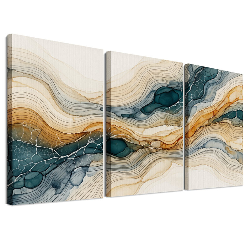 Ensemble de 3 toiles murales abstraites représentant des vagues fluides dans les tons turquoise et beige, 30"H x 20"W x 3pcs