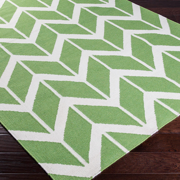 Tapis vert / blanc en laine tissé à plat à la main Irving Place, Tapis de couloir 2 pi 6 po x 8 pi