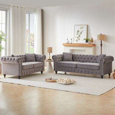 Moderne à 5 places pour le salon, faite de velours avec des coussins en mousse à ressorts en velours gris, avec une structure en pin massif et 4