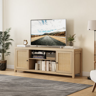 Rattan TV Stand for 75 Inch, Boho Entertainment Centre with Storage and Doors