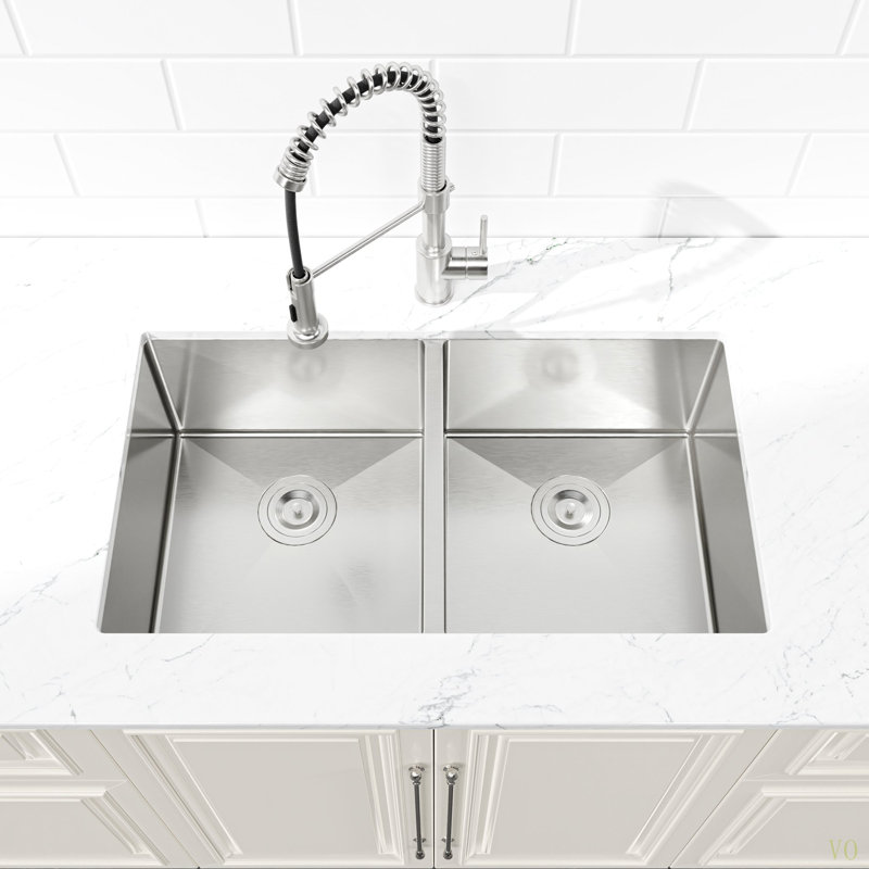 33"X19" Embedded Double Bowl Kitchen Sink, Undermount Handmade Sink In Brushed (Sink Only)