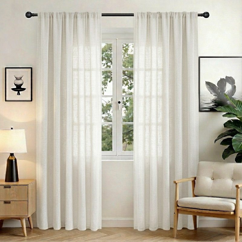 52''W Light Filtering Linen Curtains - Back Tab & Rod Pocket Top, 2 Panels Set, 100" W x 84" L