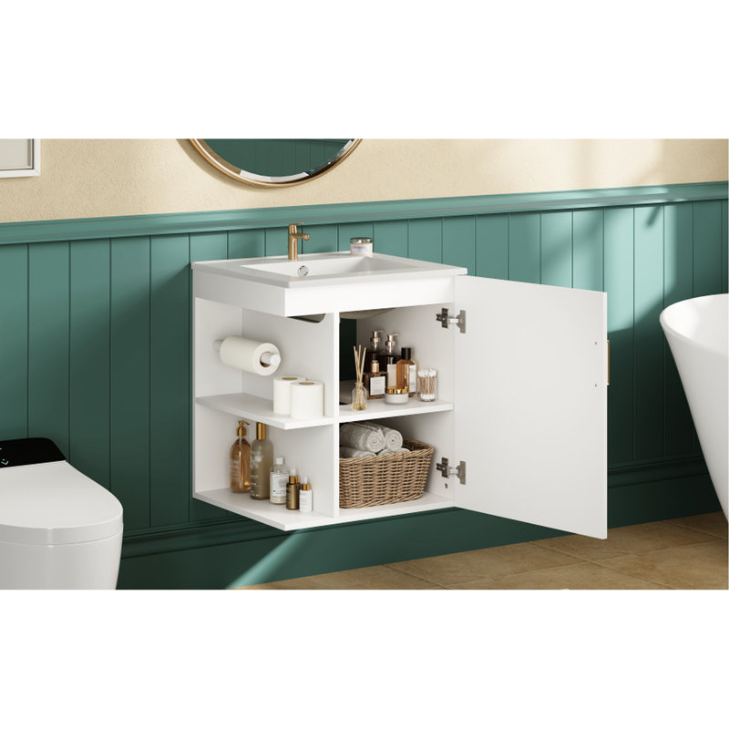 Meuble-lavabo mural de 50 cm (20 po), blanc, moderne, avec lavabo, tablette latérale ouverte et porte-papier hygiénique, matériau résistant à l'eau, solution gain de place