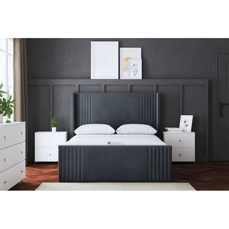 Elara Winged Panel Bed with Headboard, Grey, Small Double (4')