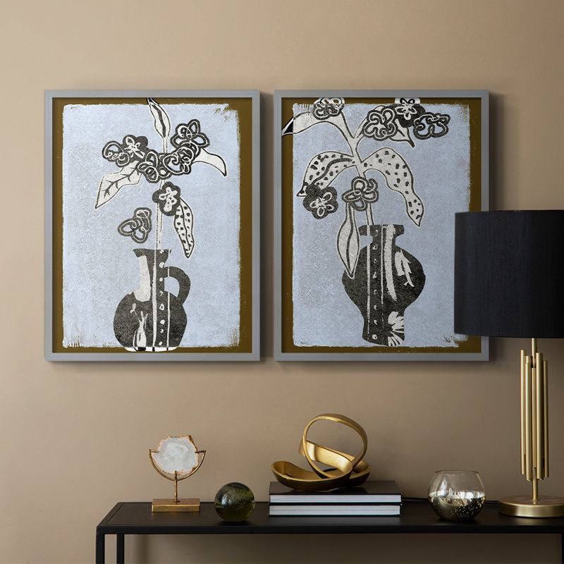 Fleurs graphiques dans un vase I - reproduction encadrée de qualité supérieure - prête à être accrochée - aucun clou requis - aucun clou requis