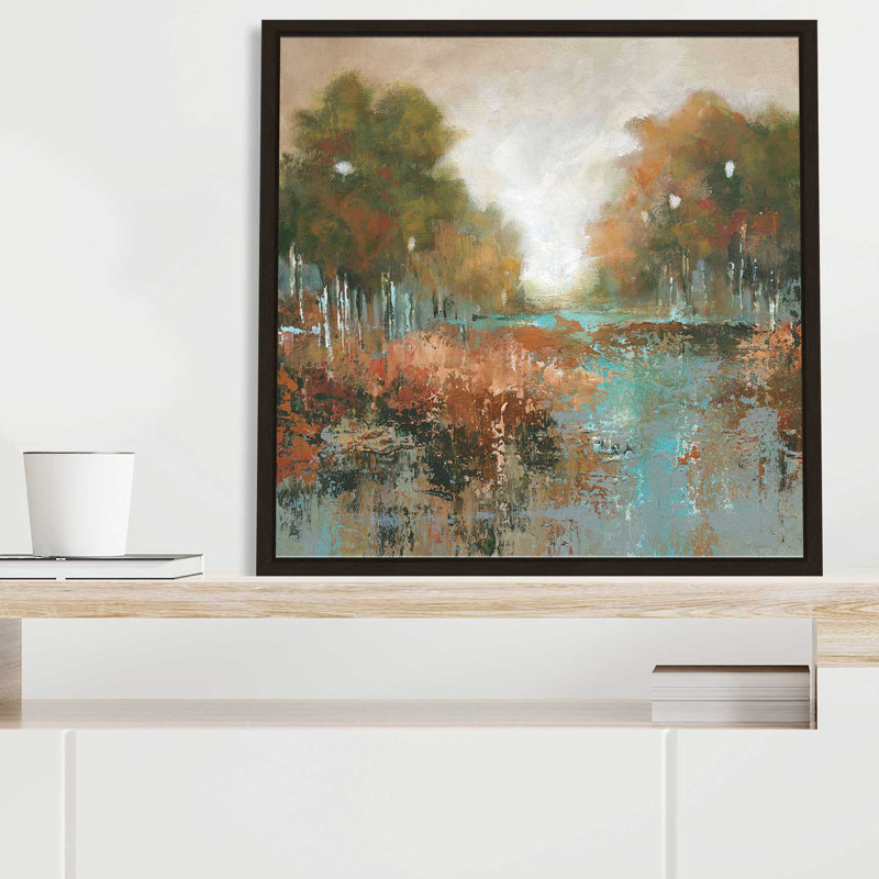 «Autumn Walk» par Carol Robinson - Peinture, L 39,5 po x H 39,5 po, Encadrement brun