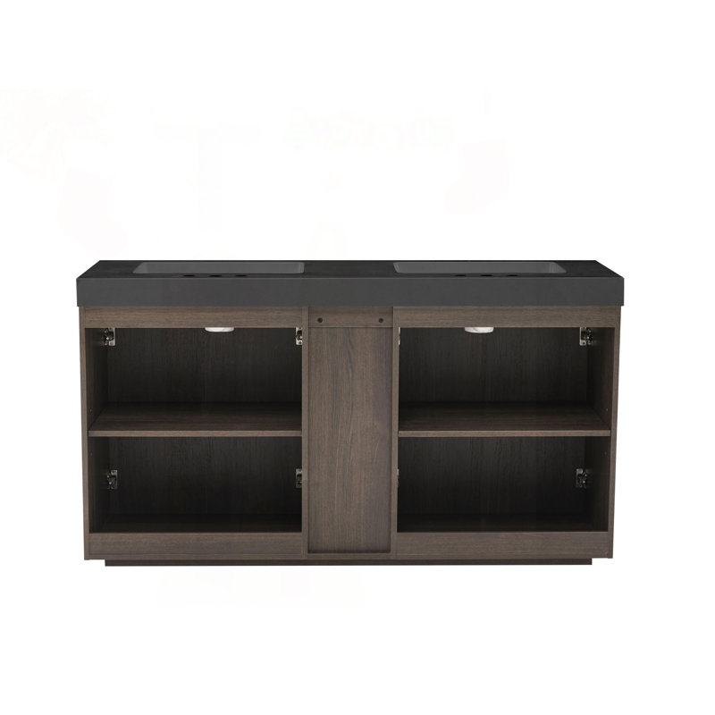 Meuble-lavabo 60 po en chêne fumé avec lavabo et rangement intelligent, Smoked Oak, Black