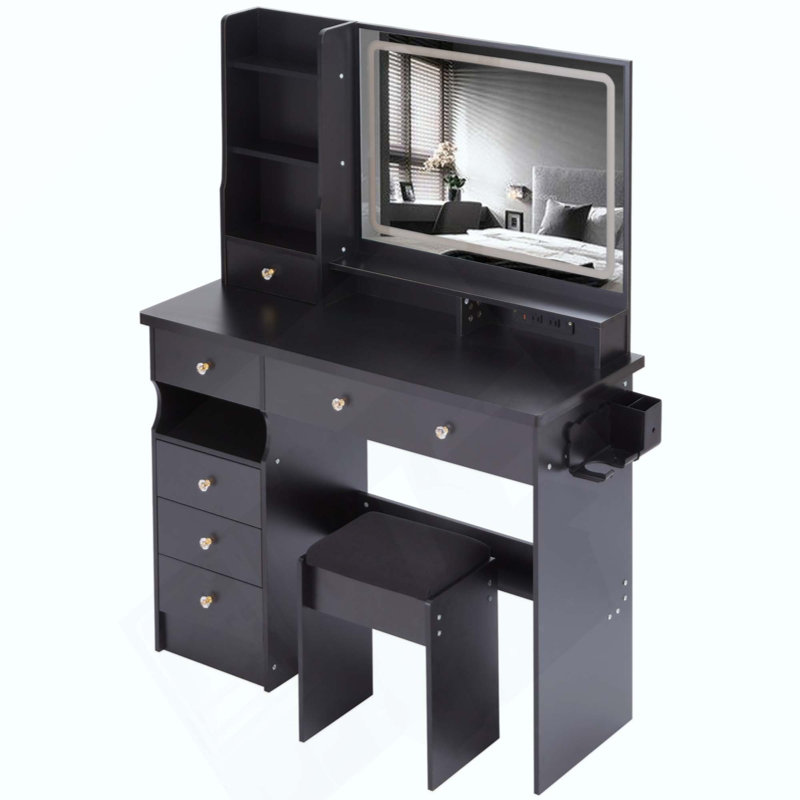 Large Size Left Drawer Desktop Vanity Table+Cushioned Stool Dresser Set, 2 AC+2 USB Power Station, Hair Dryer Stand, Extra Large Touch Control LED Mirror, 3-Color Switch, EPA, GCC, UL Certificate