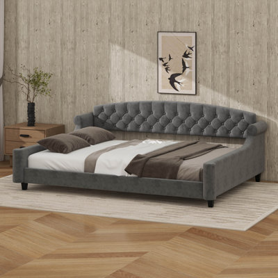 Queen Size Upholstered Daybed with Tufted Button Backrest, Velvet Day Bed with Armrest and Legs, Curved Design