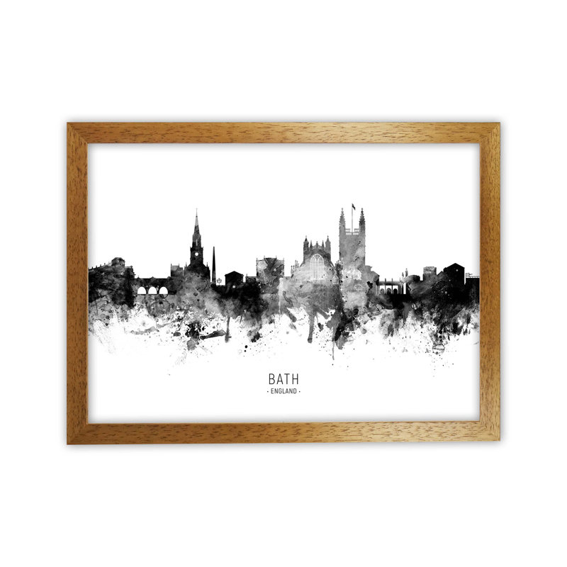 Bath England Skyline Black White City Name by Michael Tompsett - Print, Brown Framed, 64cm H x 88cm W x 3cm D