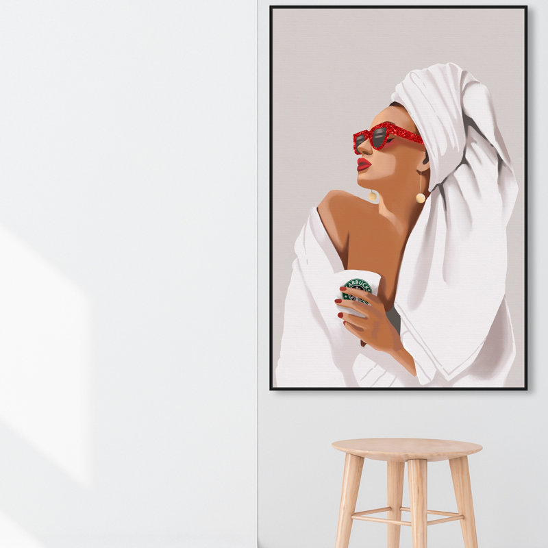 «Her Morning Coffee» - Impression, H 54 po x l 36 po, Toile avec cadre noir