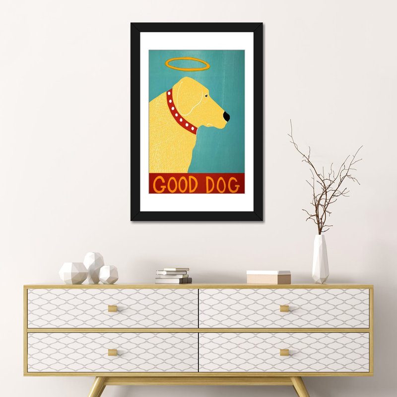 « good dog » par stephen huneck, impression sur toile jaune et bleu, H 60 po x l 40po x P 1,5 po, Pas de tapis, Toile tendue