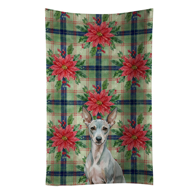 American Hairless Terrier Christmas PoinsettIas Kitchen Towel, Beige American Hairless Terrier