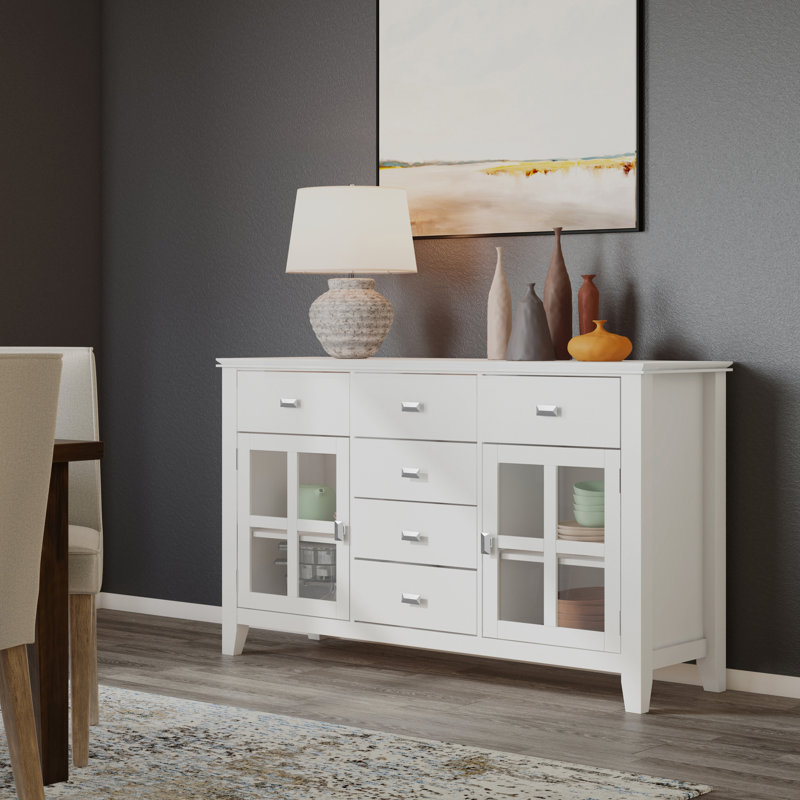 Artisan 54"W Solid Wood Sideboard Buffet with Tempered Glass Doors and 6 Drawers, White