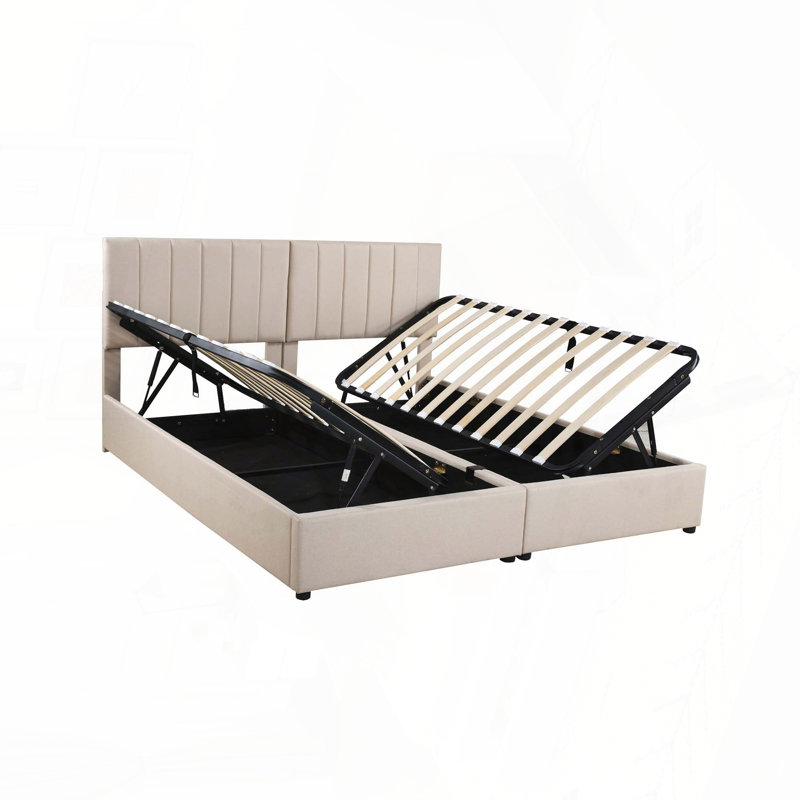 Très grand lit plateforme tapissier avec rangement hydraulique, Beige