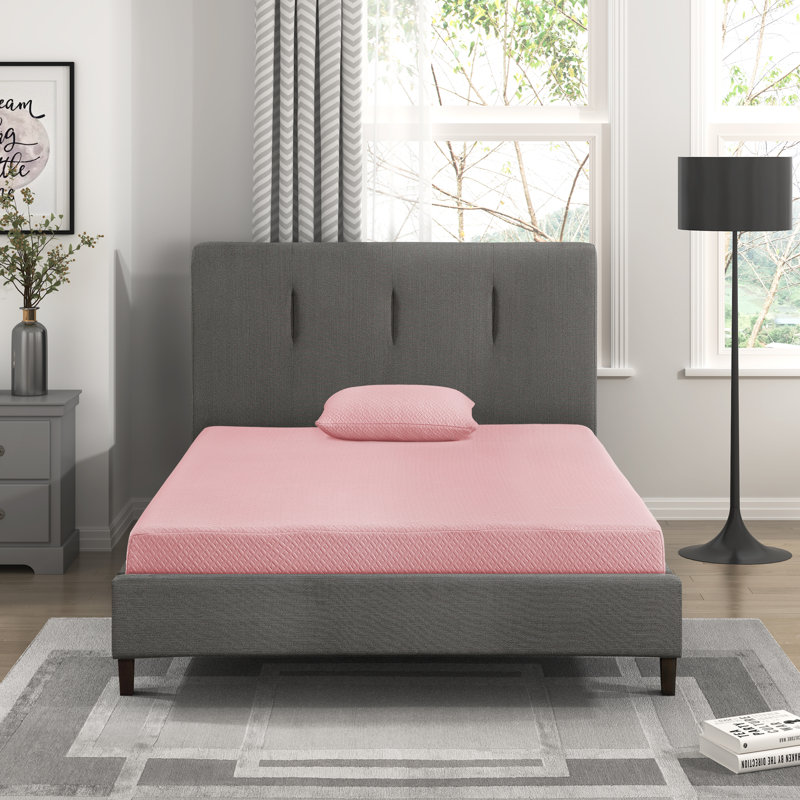 Erwaysmith Ebern 7" Modern & Contemporary Pink Gel-Infused Memory Foam Mattress and Pillow Set in with Charcoal Memory Foam & Green Tea Base