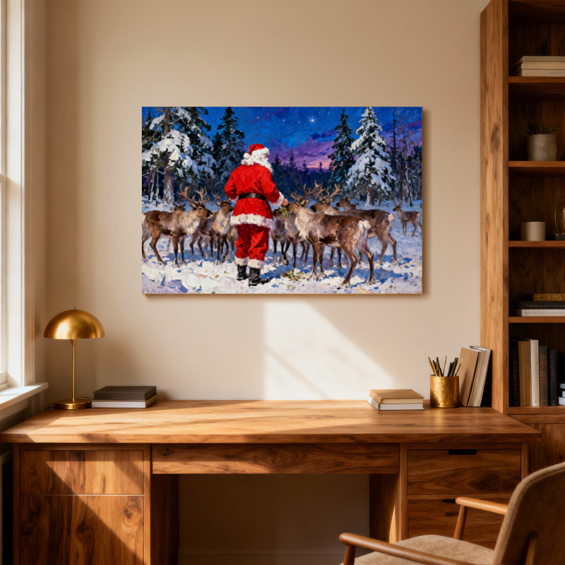 Noël père Noël avec renne dans la forêt enneigée, H 16 po x l 24 po
