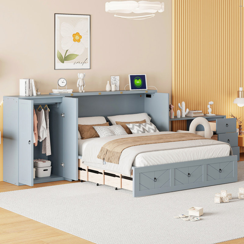 Grand lit gris avec option, grand espace de rangement et espace de rangement intégré