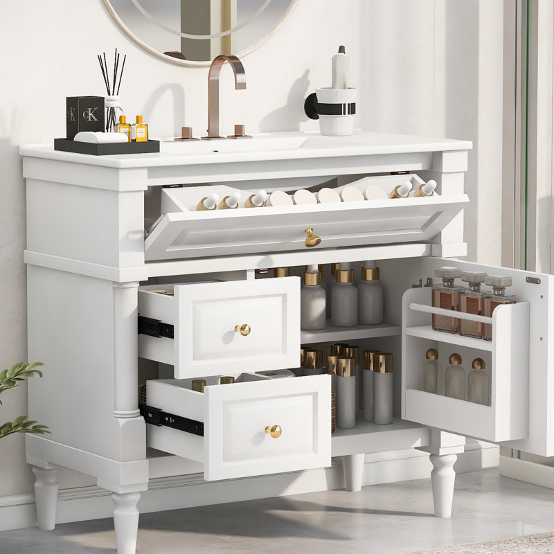Meuble-lavabo de 36 po peint en blanc avec lavabo simple, tiroir rabattable, tablette ajustable, bois d'hévéa massif et lavabo autoportant en céramique 36 po