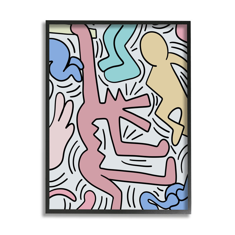 Pop Pop Pastel People Squiggle Lines Design, L 16 po x H 16 po, Giclée encadrée noir minuit