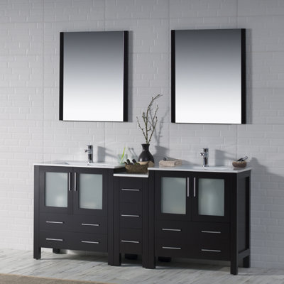 Mance 72.13 " W Freestanding Standard Free Standing Single Double Vanity Bathroom Vanity With Ceramic Top with Mirror