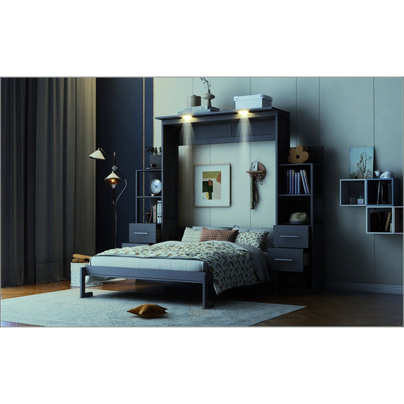 Grand lit escamotable mural avec tablettes, Gris, Grand lit