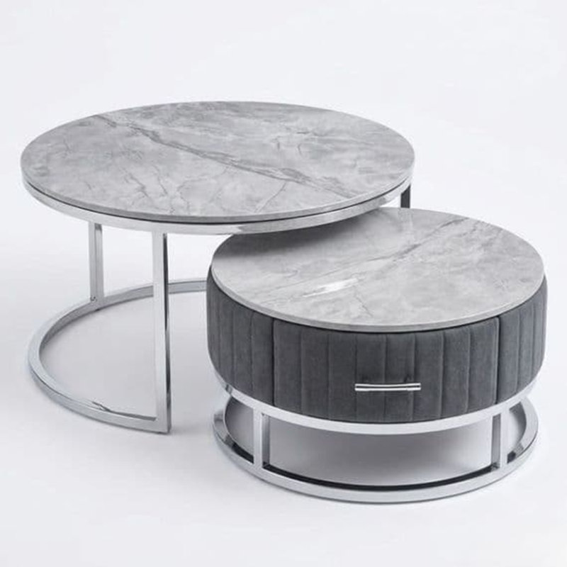 Living Room Table Set, Grey Top/Silver Base