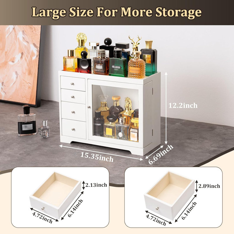 Organisateur de parfums à coudre, organisateur de parfum de grande capacité à 5 niveaux avec support de rangement en bois 4 tiroirs, porte-parfum, blanc