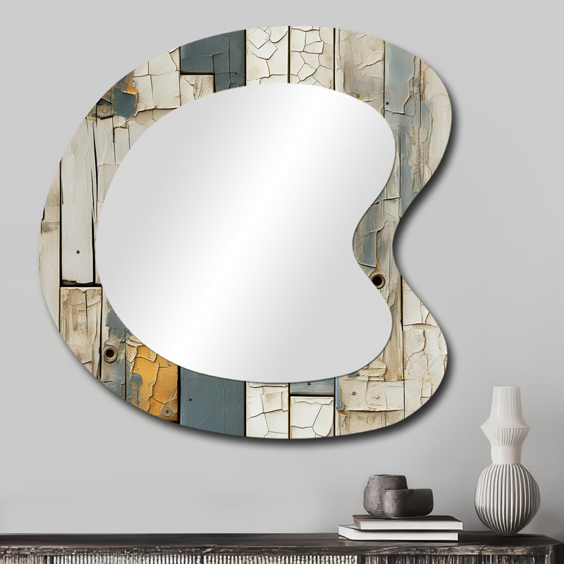 Fiaza Grey Tones Wood Pallets - Abstract Asymmetrical Mirror, Beige Unique Shape Decorative Wall Mirror, Printed Metal Art