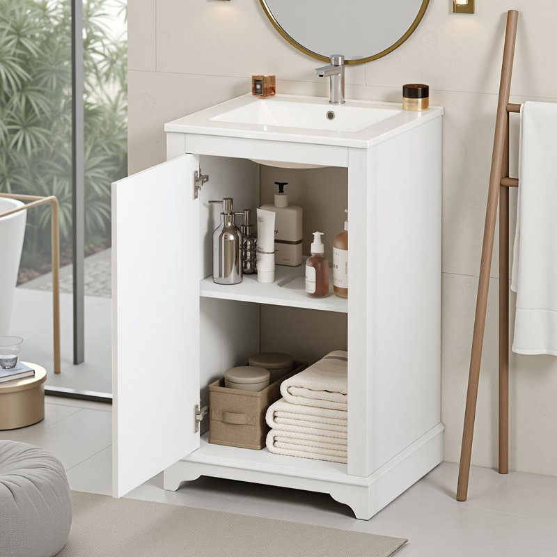Meuble-lavabo autoportant de 20 po avec lavabo en céramique et 1 porte à fermeture douce avec tablette réglable, Blanc