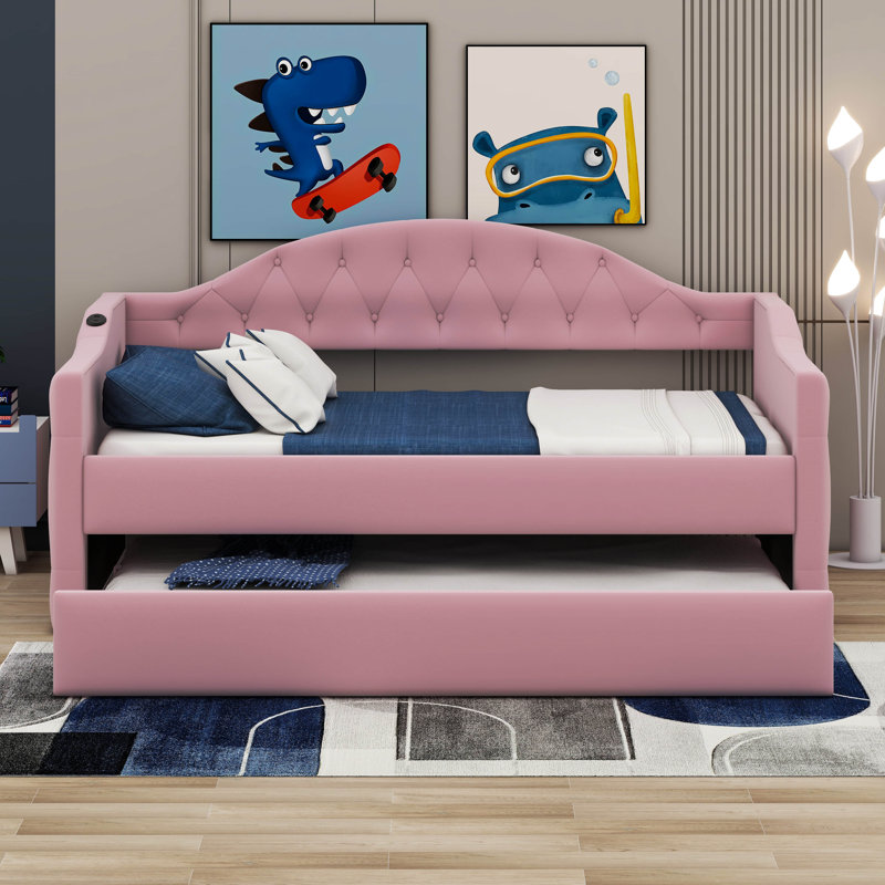 Martisa Twin Size Tufted Velvet Upholstered Daybed with Trundle, USB & Type-C Charging Port, Pink