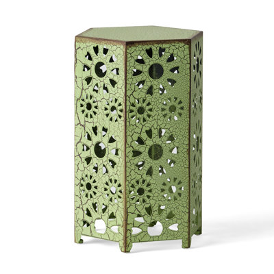 14 Inch Side Table With Sunburst Cut Out Design, Crackle Green Finish For Modern And Stylish Decor