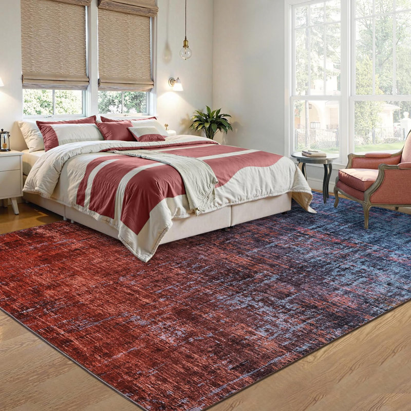 Washable Kitchen Rugs, 9x12 Red Blue Hallway Runner, Soft Low Pile Stain Resistant Laundry Entryway Mat, Indoor Modern Throw Carpet for Laundry Bathroom Bedside