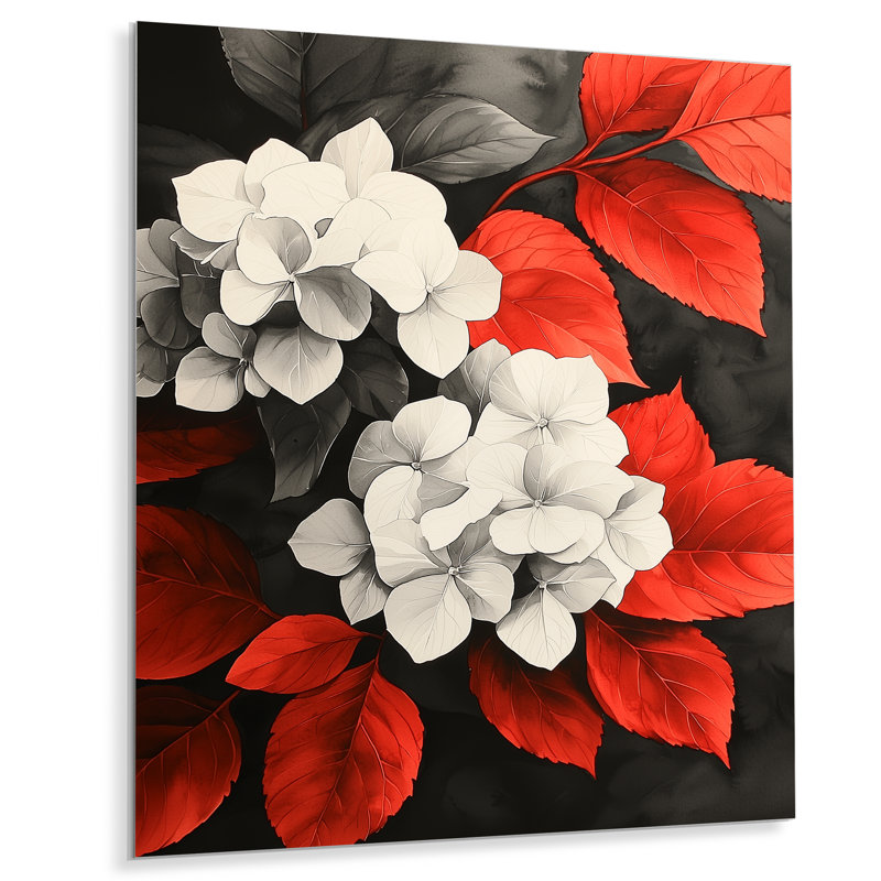 Hortensias monochromes avec feuilles rouges III - Hortensias, H 44 po x l 34 po