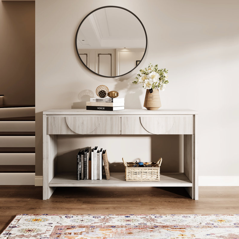 Console de style Mid-Century moderne de 56,71 po en blanc, avec tiroirs antidérapants et garniture pour fonctionnalité dans le vestibule Blanc contemporain avec détails exquis, tablette inférieure étagée, assemblage facile