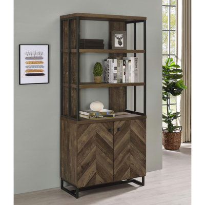 Bibliothèque en chêne à chevrons de style rustique, 3 tablettes ouvertes et 2 bibliothèques réglables à 2 portes avec armoire cachée