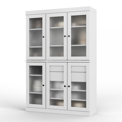 100% Solid Wood 48.5" Pantry Cabinet with Frosted Glass Doors, 2-Drawers and Adjustable Shelves