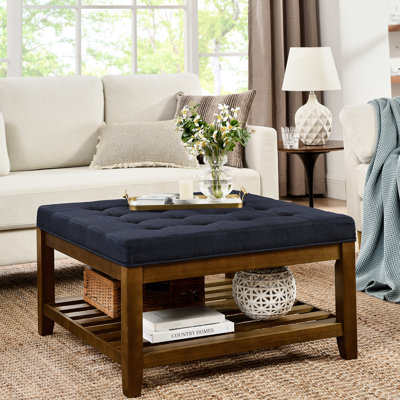 Lin bleu marine avec base en bois de hêtre, table basse carrée et repose-pieds pour tablette de salon, chambre confortable