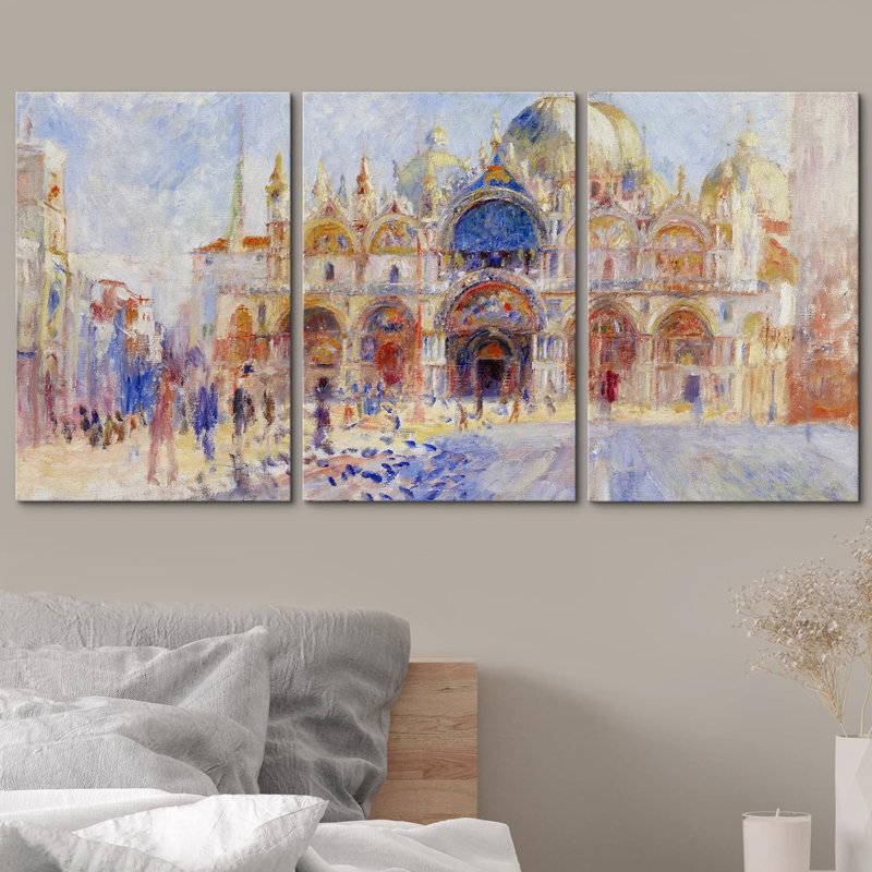 Piazza San Marco, Venise, 3 pièces par Pierre Auguste Renoir, Toile tendue, H 24 po x l 16 po x P 1,5 po