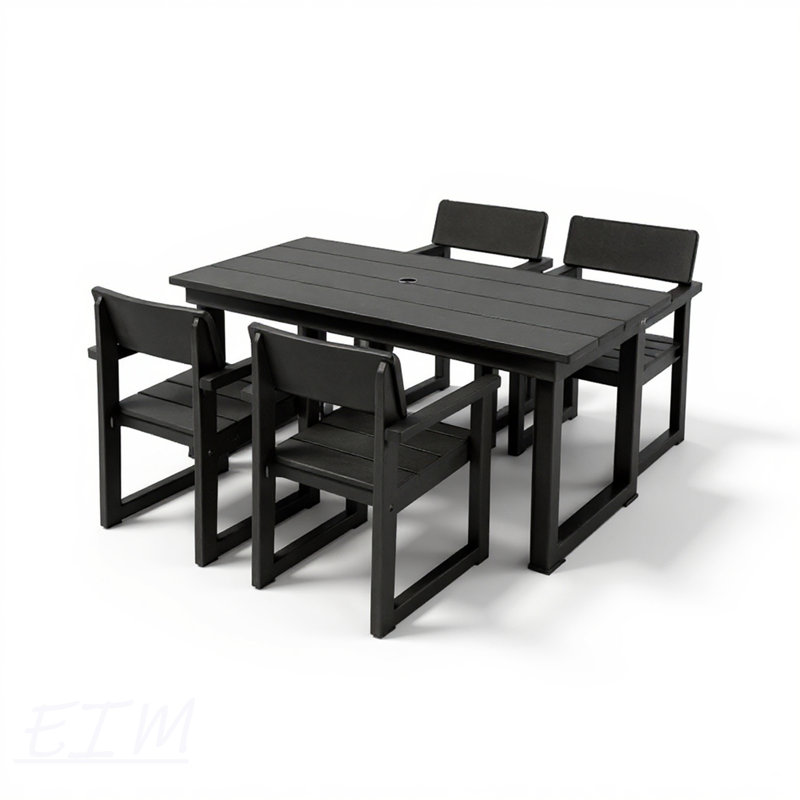 Ensemble de salle à manger 5 pièces en PEHD avec trou pour parasol et 4 chaises avec accoudoirs, durable et résistant aux intempéries pour la cour, la pelouse, la terrasse ou la piscine