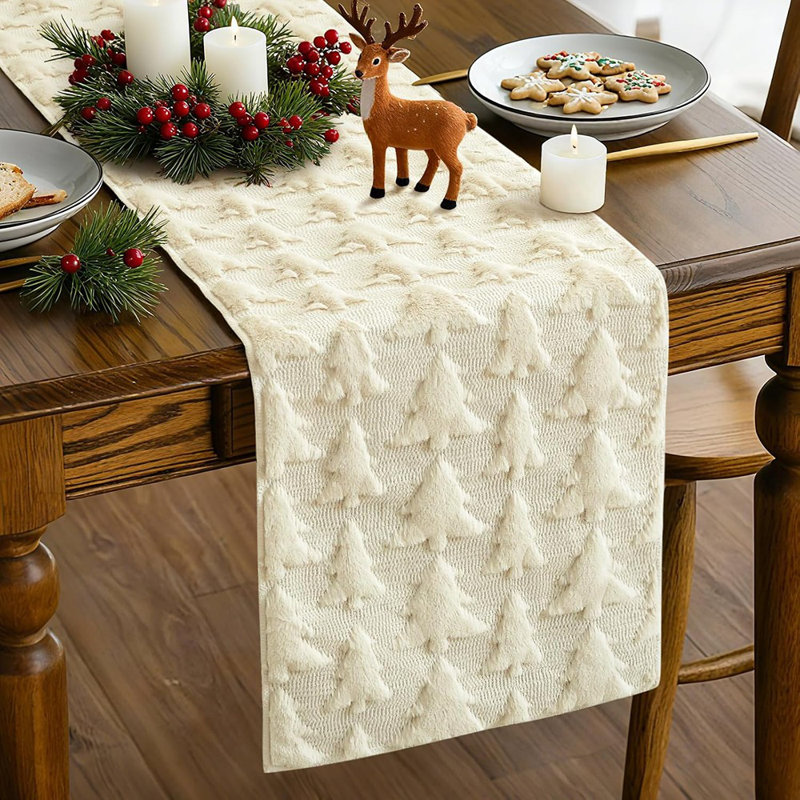 Xmas Tree Soft Plush Faux Fur Jacquard Christmas Table Runner, Winter Holiday Kitchen Dining Table Decoration For Christmas Home Party Decor 13X72 Inch-Beige