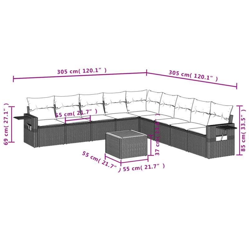 Ensemble de canapés de patio 10 pièces avec coussins en rotin noir pour l'extérieur