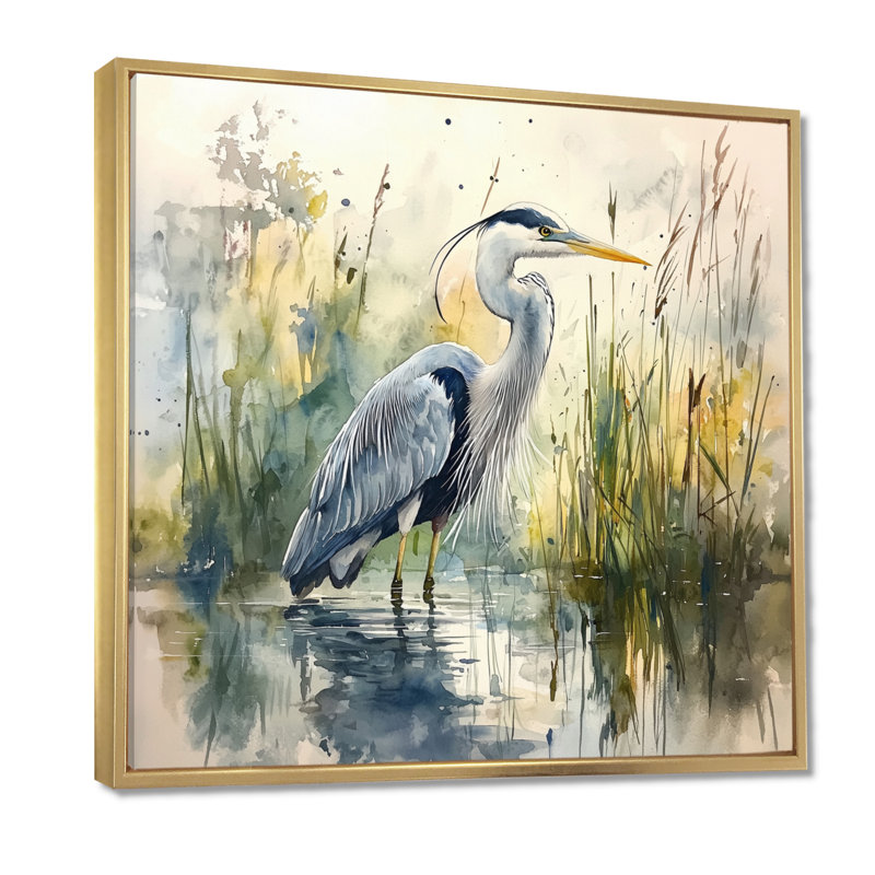 «Ayannah Heron By The Farm Lake», art mural héron, H 36 po x l 36 po, Impression encadrée flottante, Doré