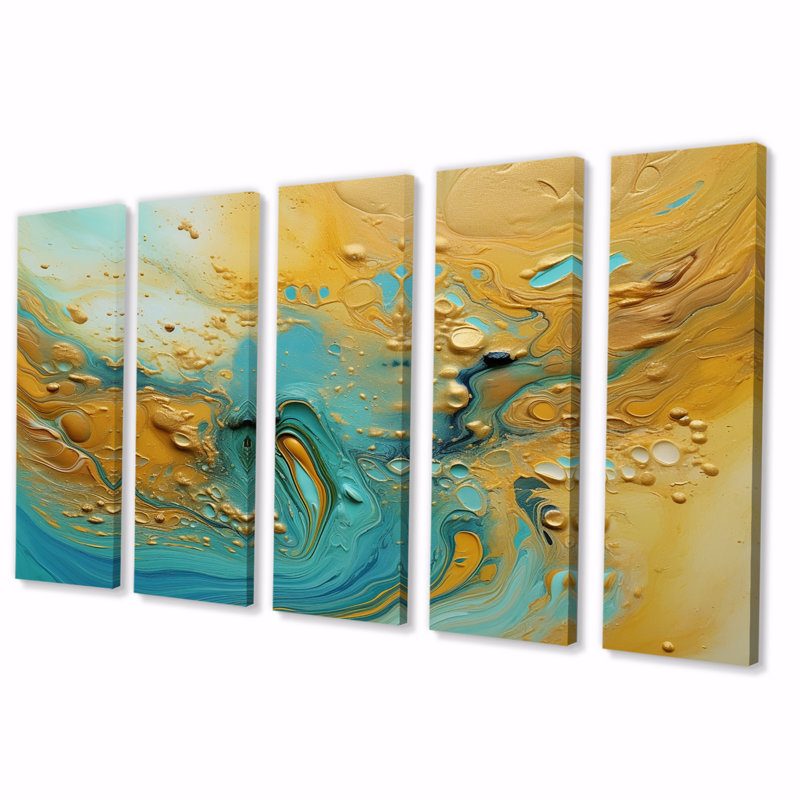 Golden Ocean Waves Turquoise Abstract VI - Art mural abstrait, salon - 5 panneaux égaux