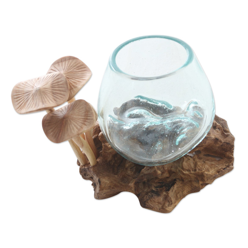 Sculpture printemps champignon en bois et verre