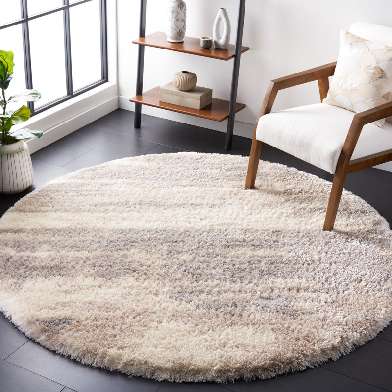 Tapis abstrait en polyester tissé à la machine en ivoire / gris, Rond 6 pi 7 po