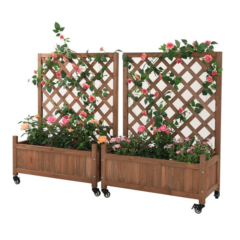 37'' H  2 Piece  Mobile Outdoor Raised Garden Bed Wood Planter Box with Trellis and wheels, Brown